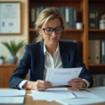 Employée de mairie examinant un dossier de transcription de mariage dans un bureau administratif officiel