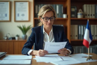 Employée de mairie examinant un dossier de transcription de mariage dans un bureau administratif officiel