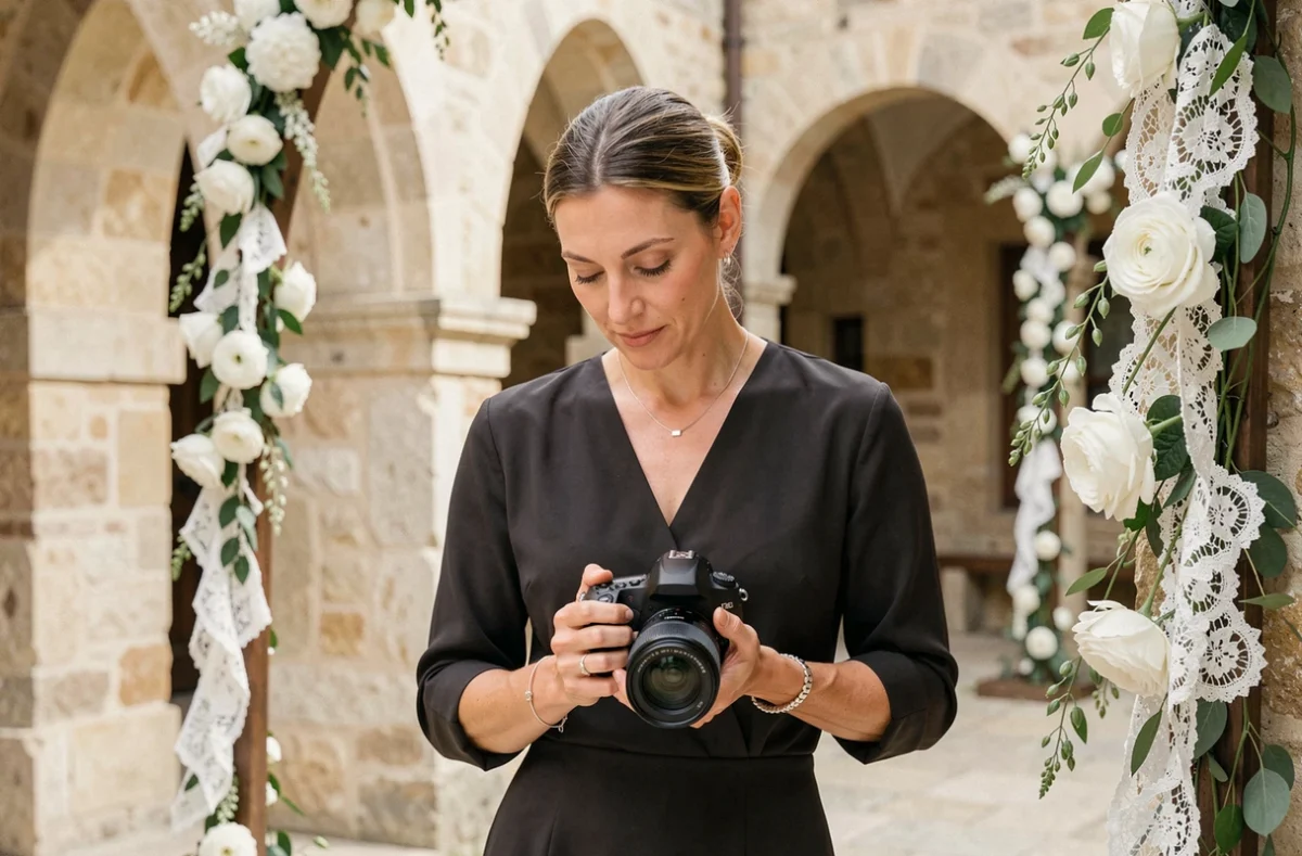 Un Jour Une Photo 78, photographe de mariage composant un plan dans une cour historique des Yvelines avant la cérémonie