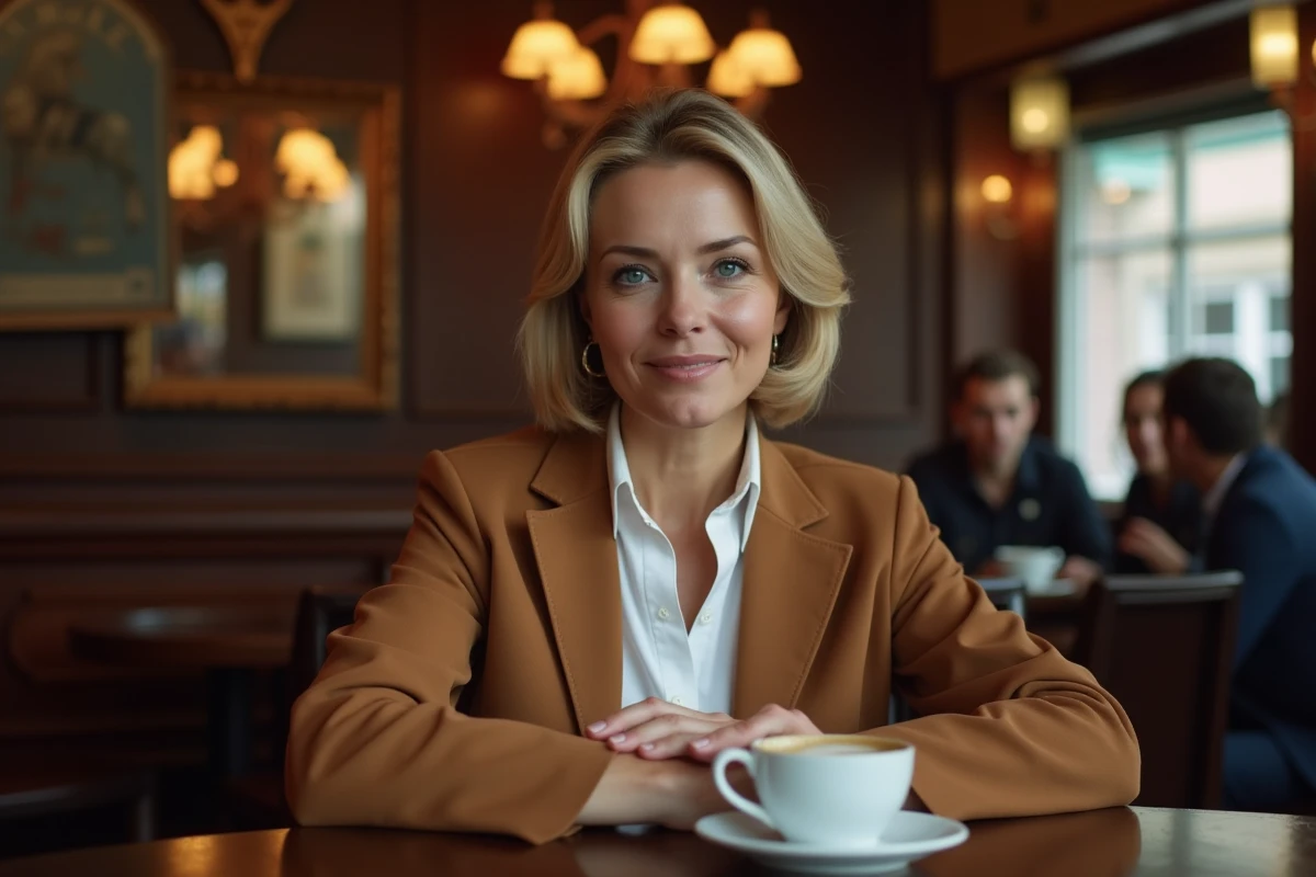 Femme posée et élégante attablée dans un café parisien, symbolisant la discrétion et le choix de vie privée de Véronique Jacquier