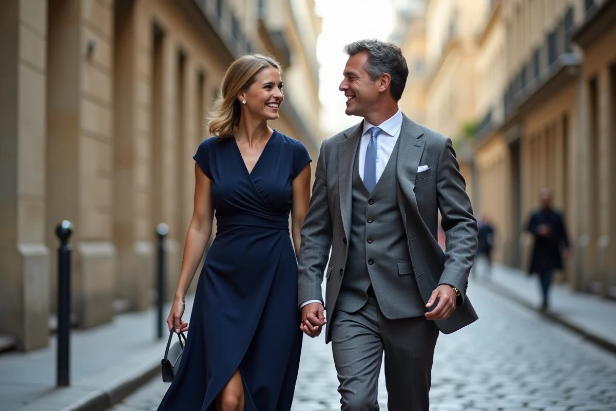 Couple élégant marchant dans une rue parisienne pavée, évoquant la vie amoureuse discrète et le mariage de Véronique Jacquier
