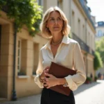 Femme élégante et discrète dans une cour parisienne en pierre, illustrant le parcours personnel et amoureux de Véronique Jacquier