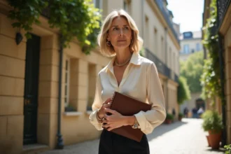 Femme élégante et discrète dans une cour parisienne en pierre, illustrant le parcours personnel et amoureux de Véronique Jacquier