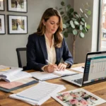 Wedding planner professionnelle travaillant sur un budget mariage avec des tableaux de planification et un ordinateur portable sur son bureau