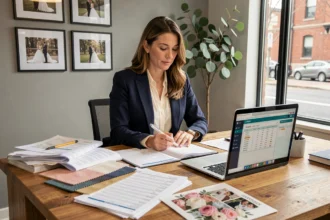 Wedding planner professionnelle travaillant sur un budget mariage avec des tableaux de planification et un ordinateur portable sur son bureau